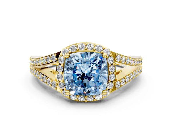 Yellow Gold Cushion Cut Halo Engagement Ring Setting for Fancy Blue Center with V-Split Pave Band