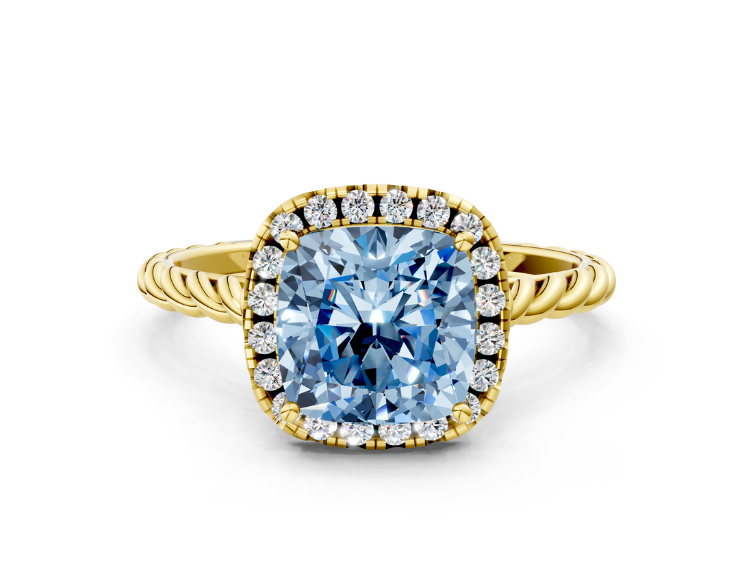 Yellow gold Fancy Blue Cushion  Halo Twisted Band Four-Prong Diamond Ring_20