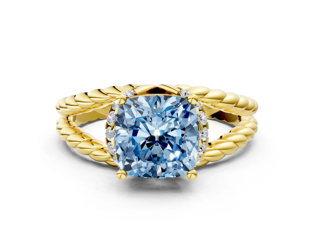 Yellow gold Fancy Blue Cushion  Halo Twisted Band Four-Prong Ring_33