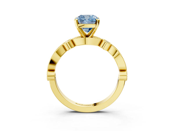 Yellow Gold Cushion Cut Milgrain Bezel Engagement Ring Setting for Fancy Blue Center