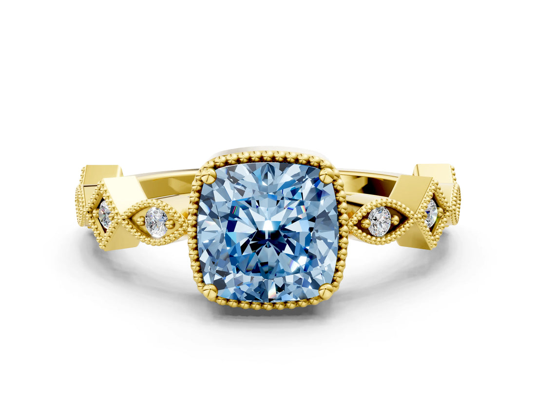 Yellow gold Fancy Blue Cushion  Milgrain Marquise Diamond Twist Band Ring_62