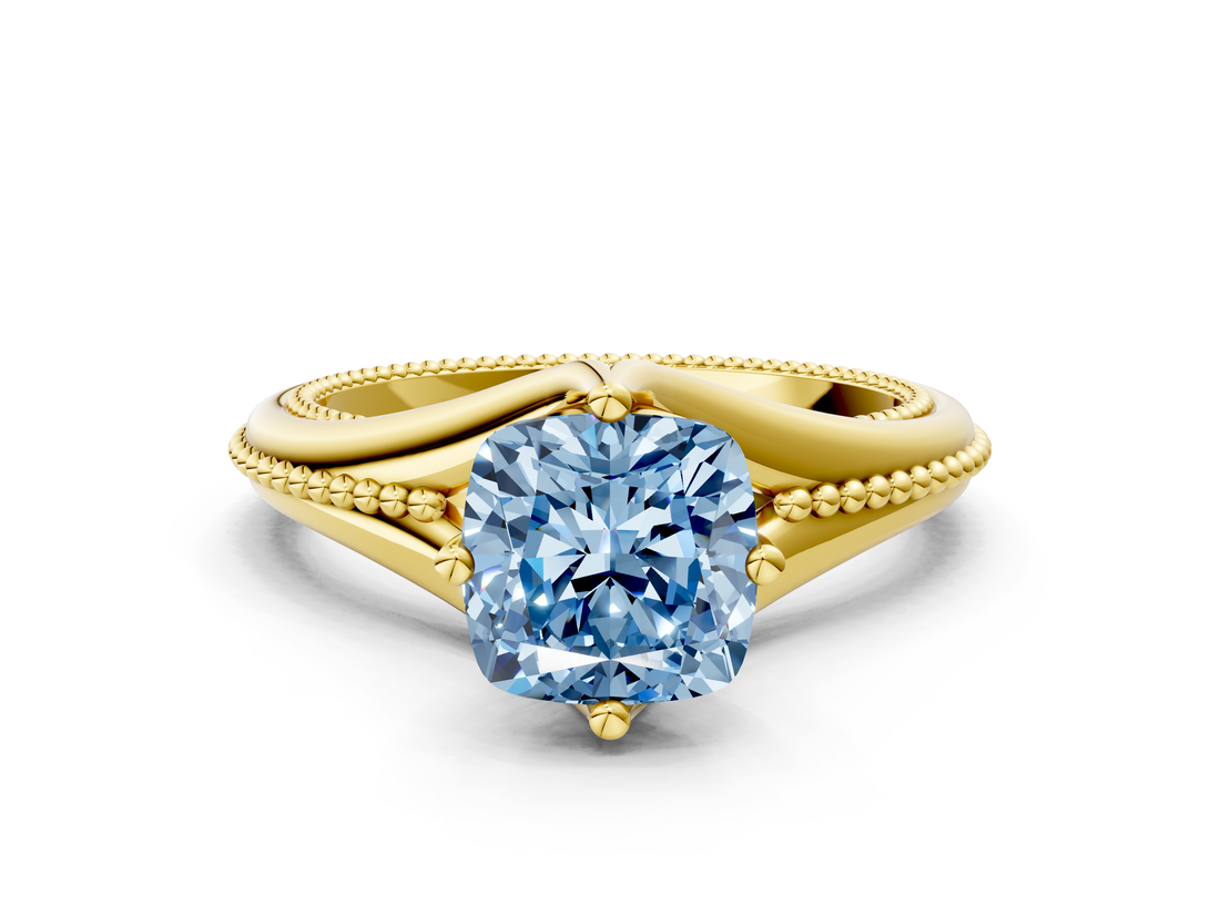 Yellow gold Fancy Blue Cushion  Solitaire Beaded Band Six-Prong Setting