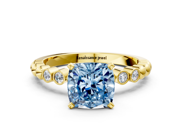 Yellow gold Fancy Blue Cushion  Solitaire Bezel Accent Diamond Engagement Ring with Beaded Band and Four-Prong Setting