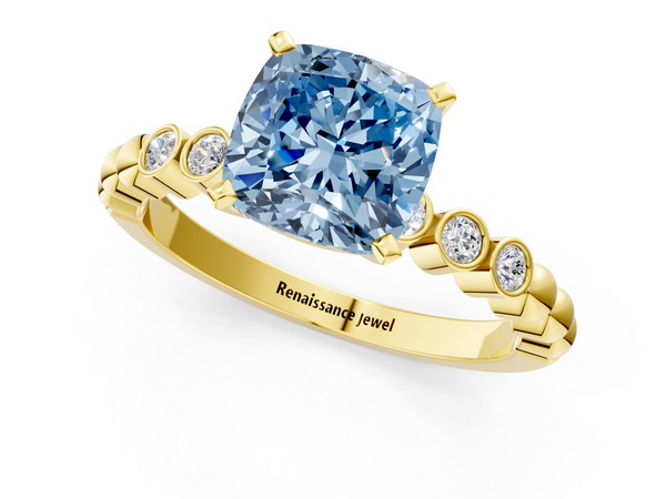 Yellow gold Fancy Blue Cushion  Solitaire Bezel Accent Diamond Engagement Ring with Beaded Band and Four-Prong Setting