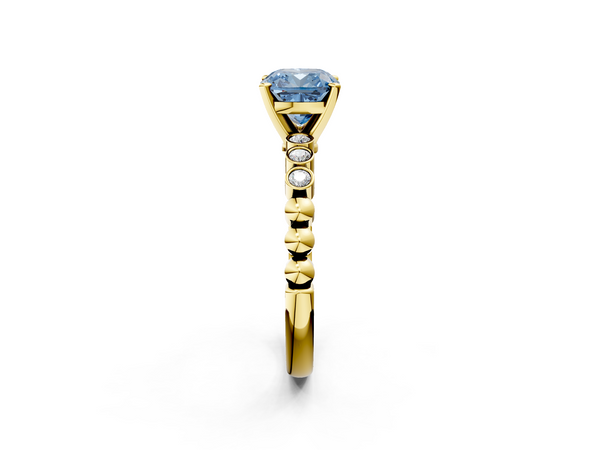 Yellow gold Fancy Blue Cushion  Solitaire Bezel Accent Diamond Engagement Ring with Beaded Band and Four-Prong Setting