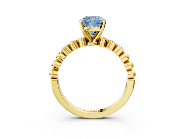 Yellow gold Fancy Blue Cushion  Solitaire Bezel Accent Diamond Engagement Ring with Beaded Band and Four-Prong Setting