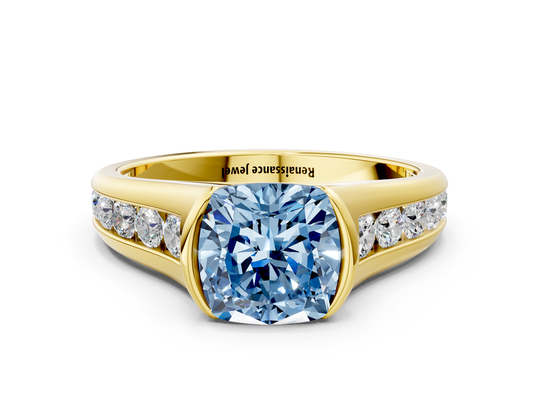 Yellow gold Fancy Blue Cushion  Solitaire Bezel-Set Diamond Ring with Channel-Set Band_37