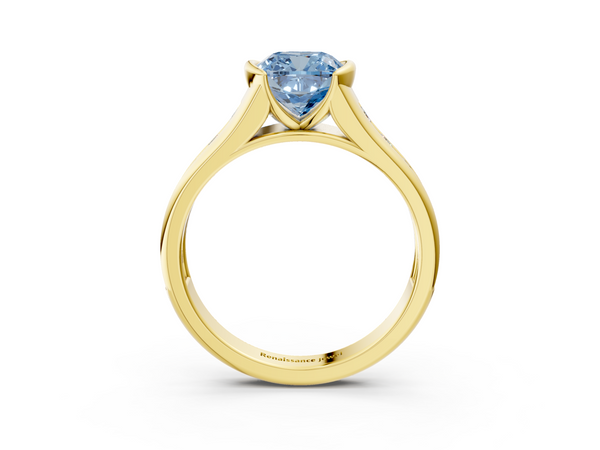 Yellow gold Fancy Blue Cushion  Solitaire Bezel-Set Diamond Ring with Channel-Set Band