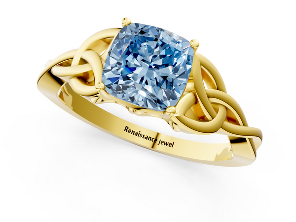 Yellow gold Fancy Blue Cushion Cut Diamond Solitaire Engagement Ring with Celtic Knot Band and Four-Prong Setting
