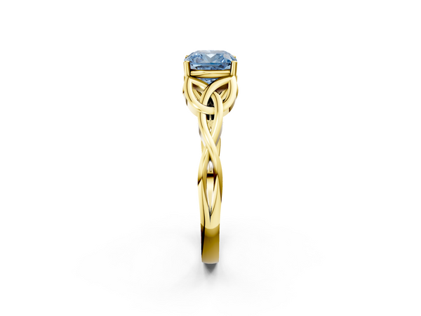 Yellow gold Fancy Blue Cushion Cut Diamond Solitaire Engagement Ring with Celtic Knot Band and Four-Prong Setting