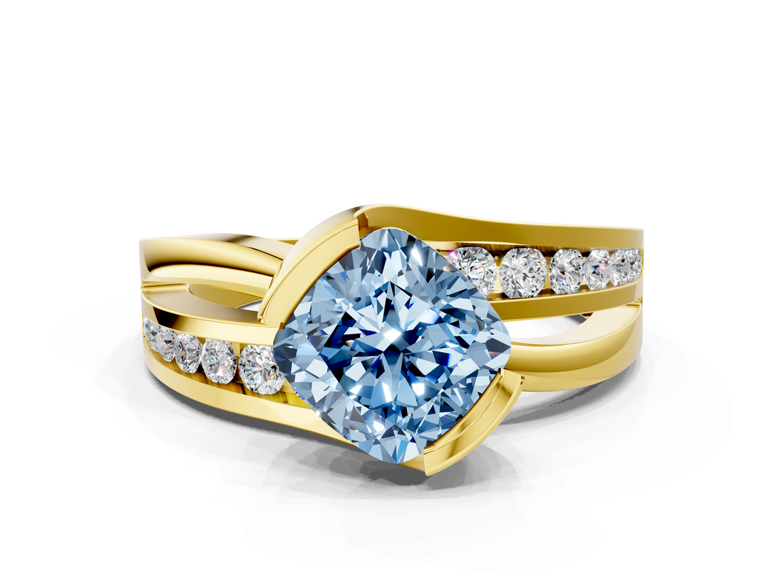 Yellow gold Fancy Blue Cushion  Solitaire Channel-Set Split Shank Ring with Tension Prong Setting_3