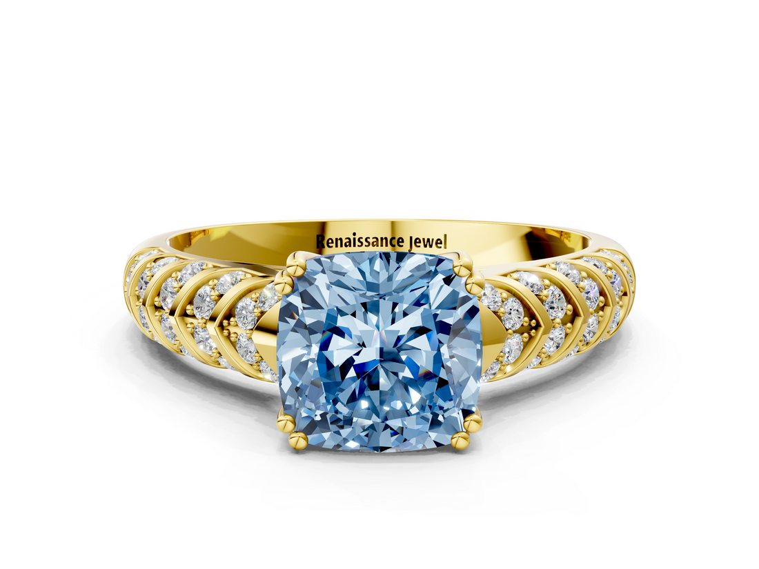 Yellow gold Fancy Blue Cushion  Solitaire Chevron Pave Diamond Engagement Ring with Six-Prong Setting_3