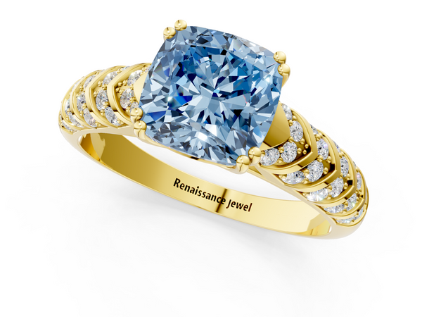 Yellow gold Fancy Blue Cushion  Solitaire Chevron Pave Diamond Engagement Ring with Six-Prong Setting