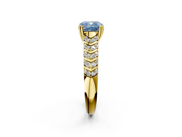 Yellow gold Fancy Blue Cushion  Solitaire Chevron Pave Diamond Engagement Ring with Six-Prong Setting