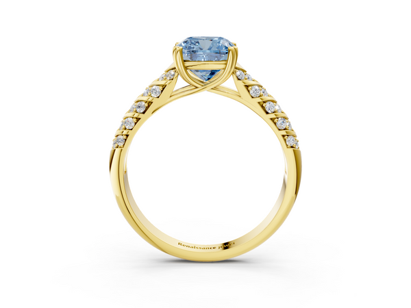 Yellow gold Fancy Blue Cushion  Solitaire Chevron Pave Diamond Engagement Ring with Six-Prong Setting