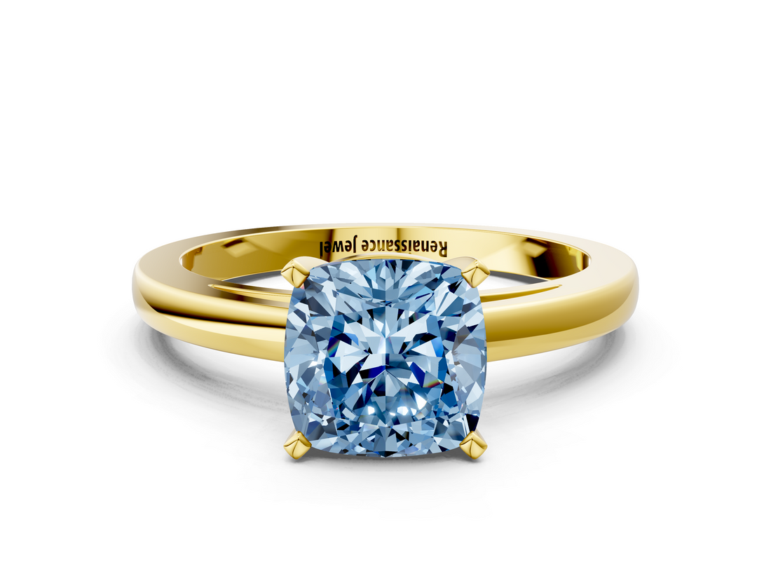 Yellow gold Fancy Blue Cushion  Solitaire Diamond Engagement Ring with Four-Prong Setting on a Classic Band_3