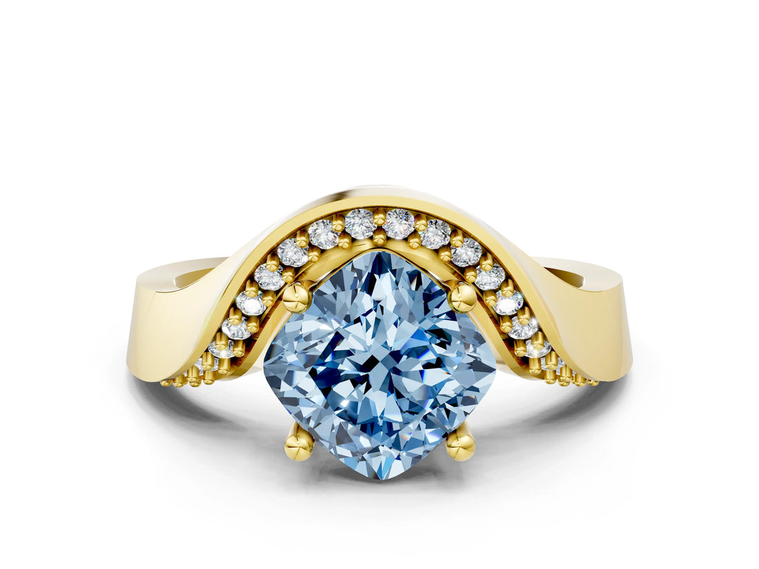 Yellow gold Fancy Blue Cushion  Solitaire Diamond Engagement Ring with Pave Band and Four-Prong Setting_26