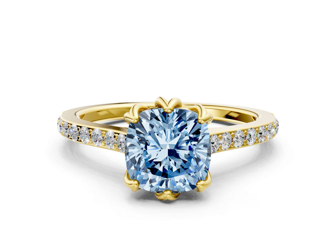 Yellow gold Fancy Blue Cushion  Solitaire Diamond Engagement Ring with Pave Band and Six-Prong Setting_20
