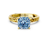Yellow gold Fancy Blue Cushion  Solitaire Diamond Engagement Ring with XO Engraved Band and Four-Prong Setting 1