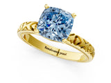 Yellow gold Fancy Blue Cushion  Solitaire Diamond Engagement Ring with XO Engraved Band and Four-Prong Setting 2