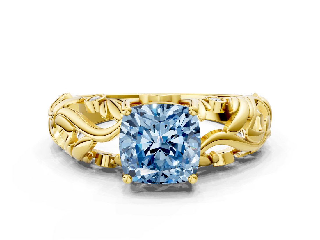 Yellow gold Fancy Blue Cushion  Solitaire Diamond Leaf Vine Band with Prong Setting_45