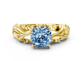 Yellow gold Fancy Blue Cushion  Solitaire Diamond Leaf Vine Band with Prong Setting_45