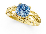 Yellow gold Fancy Blue Cushion  Solitaire Diamond Leaf Vine Band with Prong Setting_46