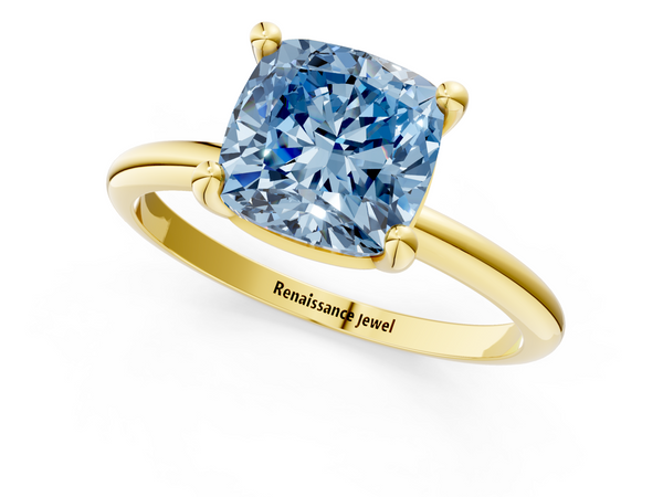 Yellow gold Fancy Blue Cushion  Solitaire Diamond Ring with 4-Prong Setting on a Classic Band