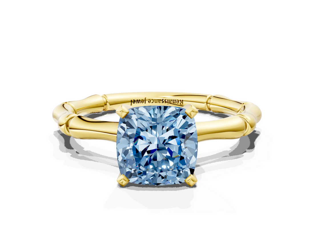Yellow gold Fancy Blue Cushion  Solitaire Diamond Ring with Bamboo Band and Four-Prong Setting_39