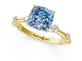 Yellow gold Fancy Blue Cushion  Solitaire Diamond Ring with Bezel Set Side Stones and Prong Setting_4