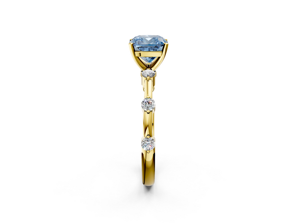 Yellow gold Fancy Blue Cushion  Solitaire Diamond Ring with Bezel Set Side Stones and Prong Setting