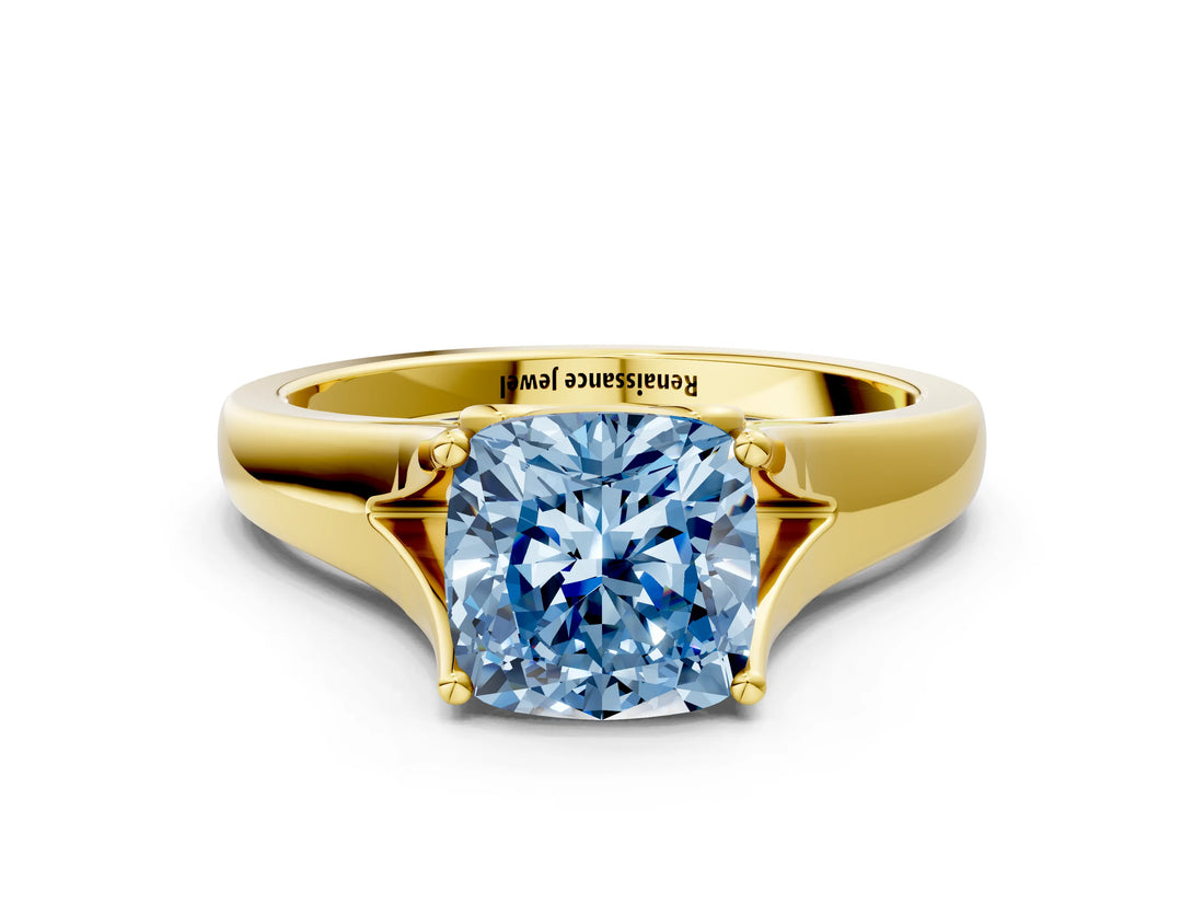 Yellow gold Fancy Blue Cushion  Solitaire Diamond Ring with Cathedral Band and Four-Prong Setting_66
