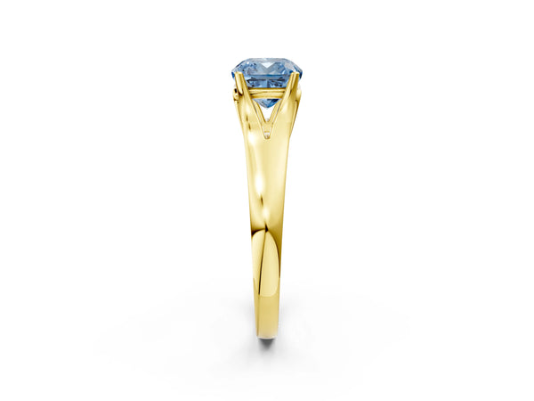 Yellow gold Fancy Blue Cushion  Solitaire Diamond Ring with Cathedral Band and Four-Prong Setting
