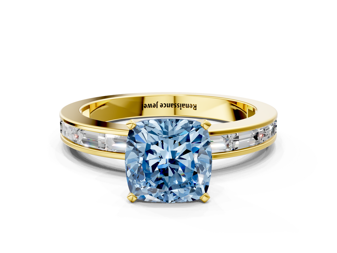 Yellow gold Fancy Blue Cushion  Solitaire Diamond Ring with Channel-Set Baguette Band and Four-Prong Setting_80
