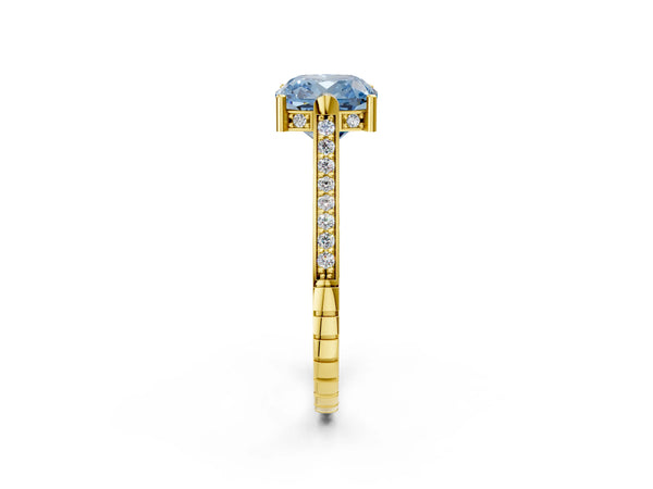 Yellow Gold Cushion Cut Vintage Cathedral Engagement Ring Setting for Fancy Blue Center