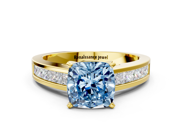 Yellow gold Fancy Blue Cushion  Solitaire Diamond Ring with Channel-Set Band and Four-Prong Setting