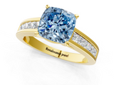 Yellow gold Fancy Blue Cushion  Solitaire Diamond Ring with Channel-Set Band and Four-Prong Setting_4