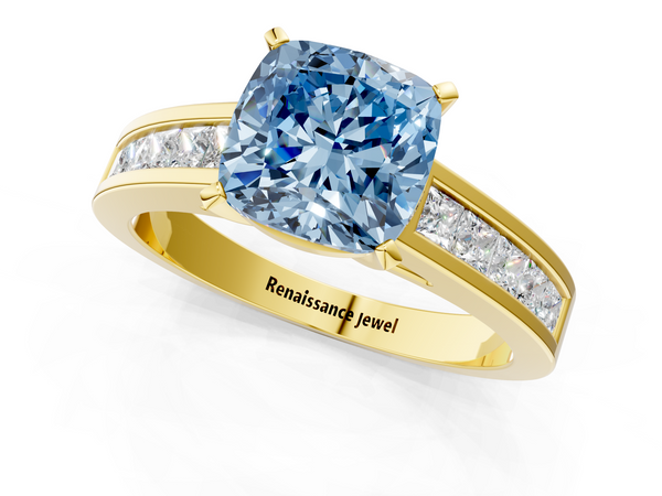 Yellow gold Fancy Blue Cushion  Solitaire Diamond Ring with Channel-Set Band and Four-Prong Setting