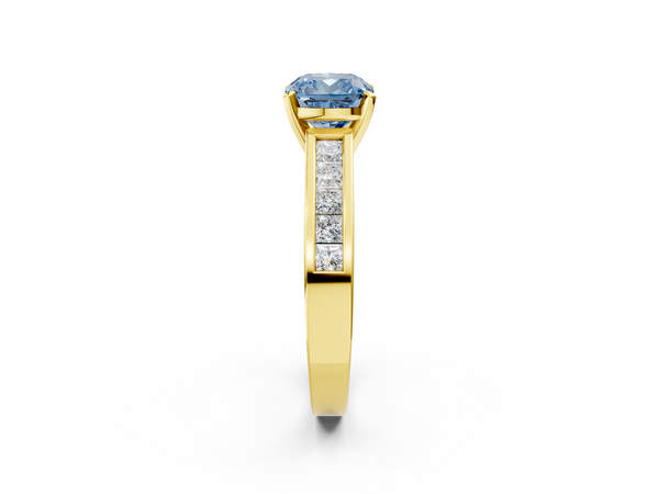Yellow gold Fancy Blue Cushion  Solitaire Diamond Ring with Channel-Set Band and Four-Prong Setting
