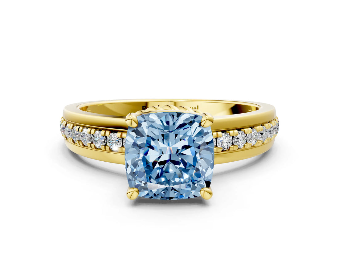 Yellow gold Fancy Blue Cushion  Solitaire Diamond Ring with Channel Set Band and Six-Prong Setting_49