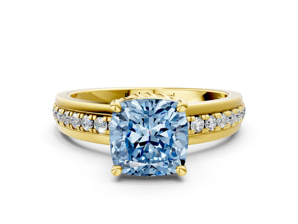 Yellow gold Fancy Blue Cushion  Solitaire Diamond Ring with Channel Set Band and Six-Prong Setting