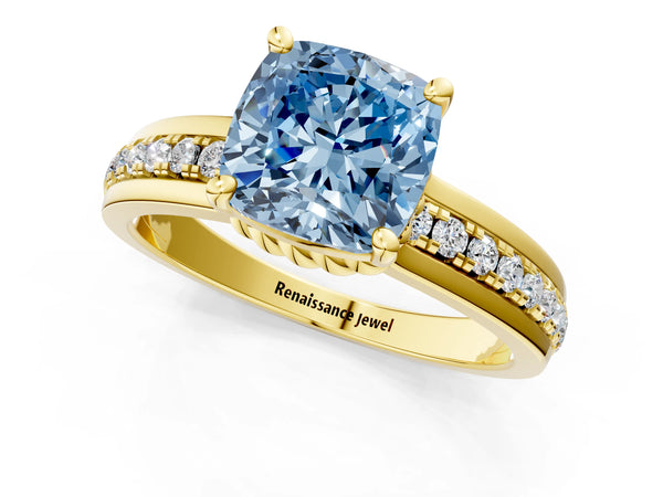 Yellow gold Fancy Blue Cushion  Solitaire Diamond Ring with Channel Set Band and Six-Prong Setting