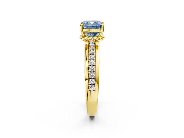 Yellow gold Fancy Blue Cushion  Solitaire Diamond Ring with Channel Set Band and Six-Prong Setting