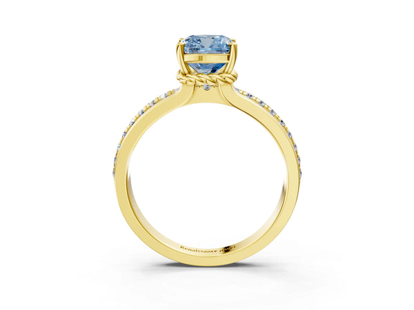 Yellow gold Fancy Blue Cushion  Solitaire Diamond Ring with Channel Set Band and Six-Prong Setting
