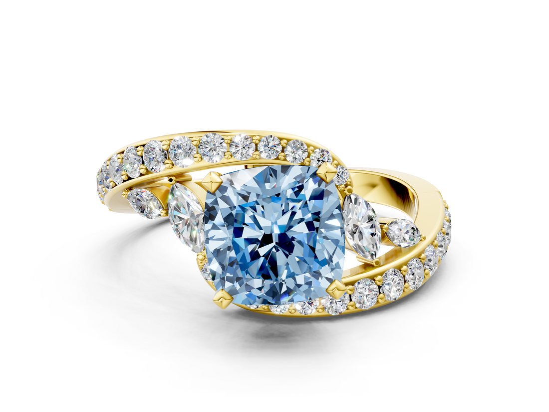 Yellow gold Fancy Blue Cushion  Solitaire Diamond Ring with Filigree Band and Four-Prong Setting_42