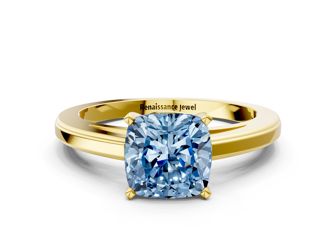 Yellow gold Fancy Blue Cushion  Solitaire Diamond Ring with Four-Prong Setting and Classic Band_3