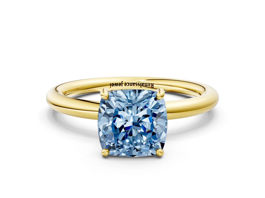 Yellow gold Fancy Blue Cushion  Solitaire Diamond Ring with Four-Prong Setting on a Plain Band_19