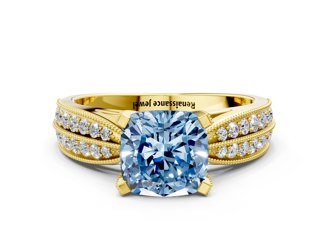 Yellow gold Fancy Blue Cushion  Solitaire Diamond Ring with Milgrain Pavé Band and Four-Prong Setting_20