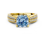 Yellow gold Fancy Blue Cushion  Solitaire Diamond Ring with Milgrain Pavé Band and Four-Prong Setting_20