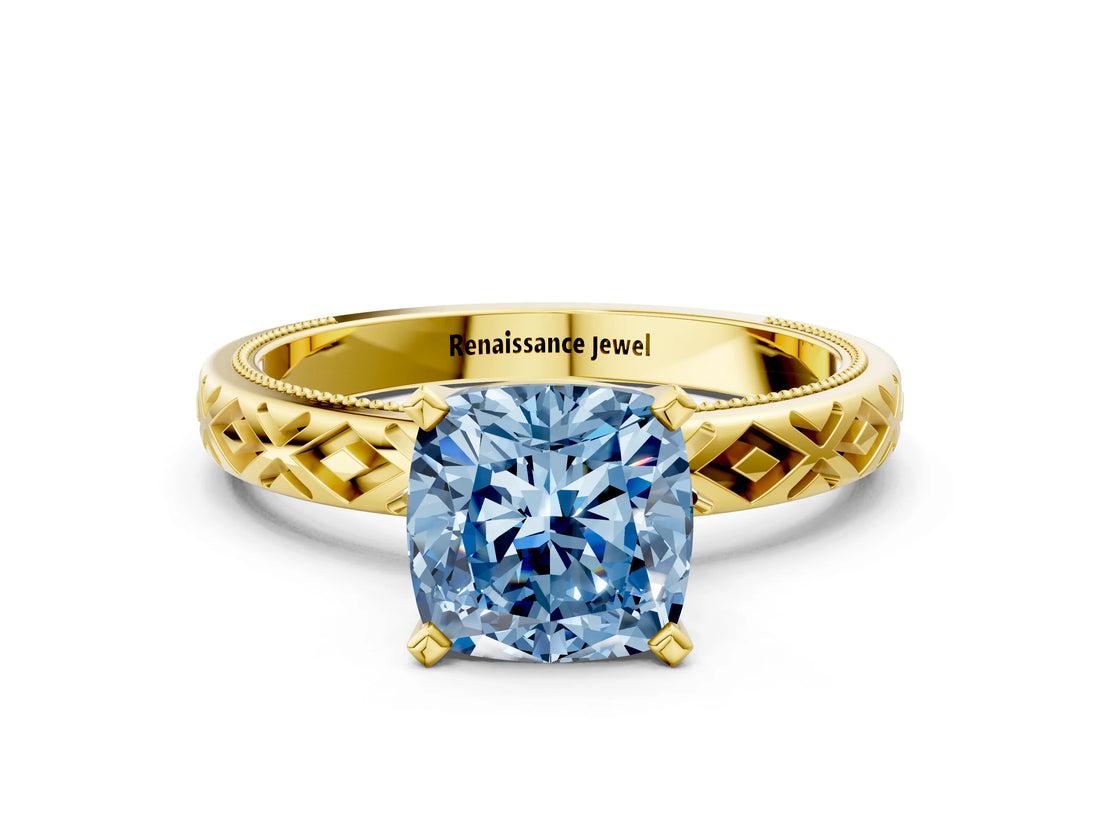 Yellow gold Fancy Blue Cushion  Solitaire Diamond Ring with Milgrain and Black Enamel X Pattern Band_77